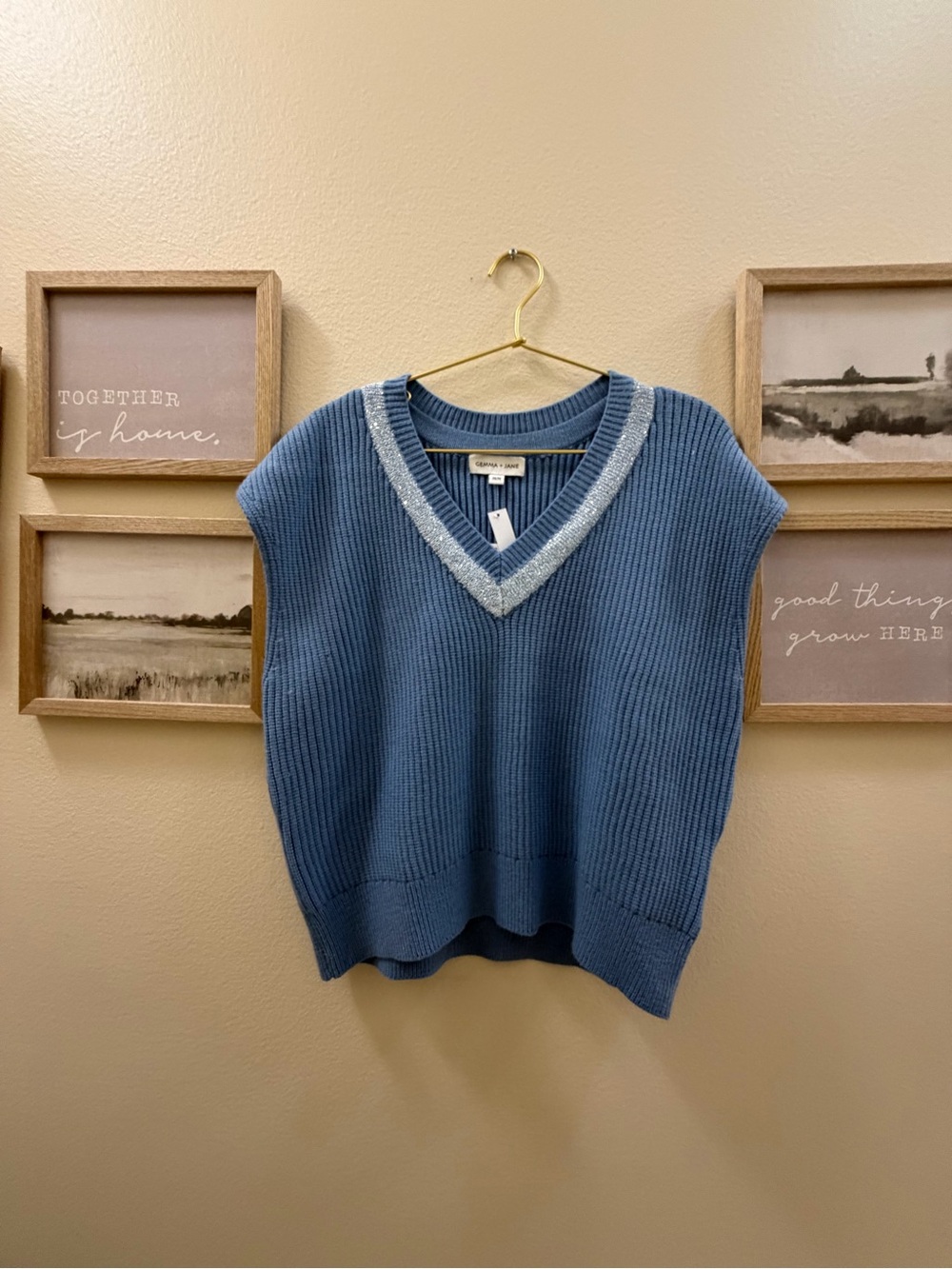 Blue V-Neck Ribbed Sweater Vest with Silver Trim